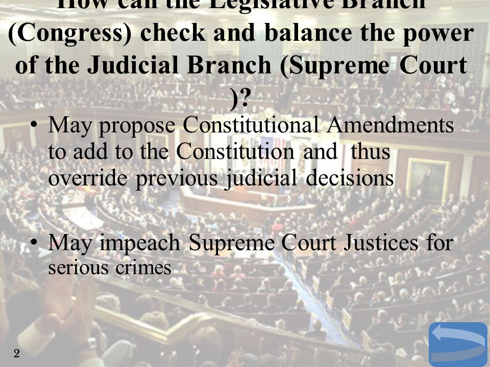 How can the Legislative Branch (Congress) check and balance the power of the Judicial Branch (Supreme Court )