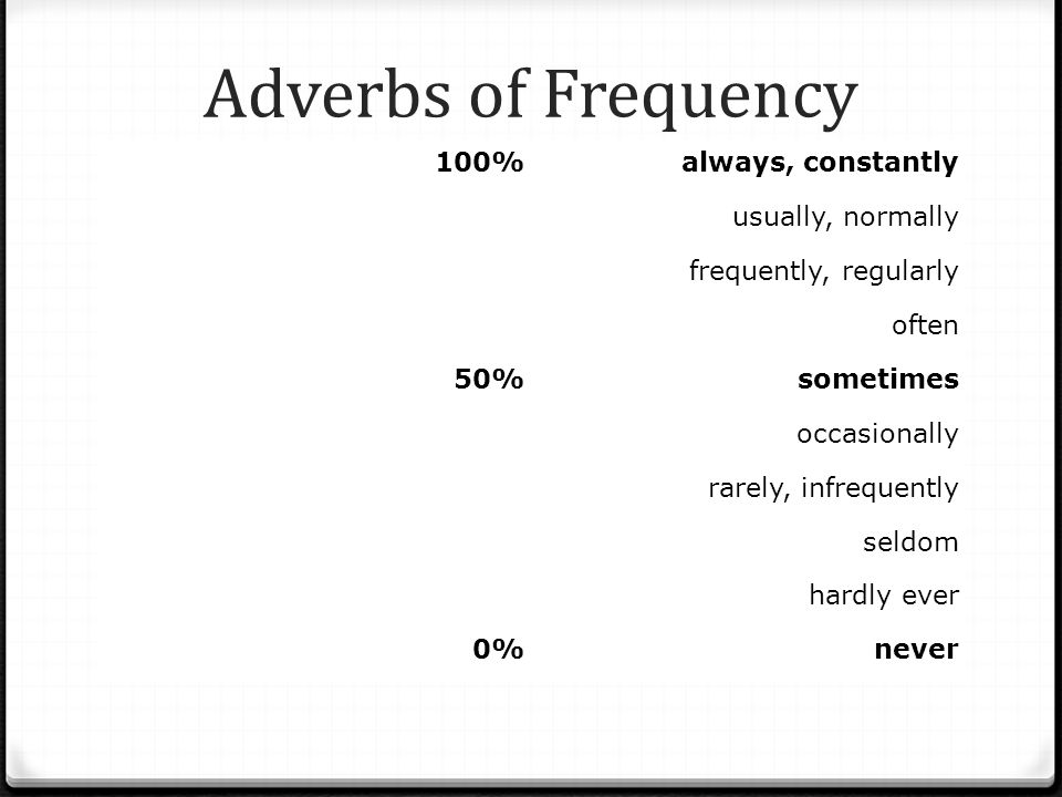 Adverbs of Frequency 100% always, constantly usually, normally