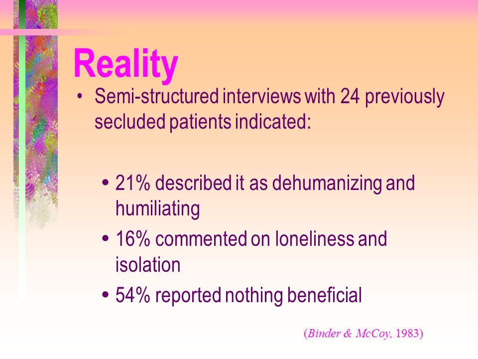 Reality Semi-structured interviews with 24 previously secluded patients indicated: 21% described it as dehumanizing and humiliating.
