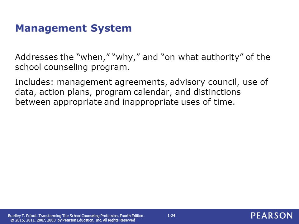 Management System Addresses the when, why, and on what authority of the school counseling program.