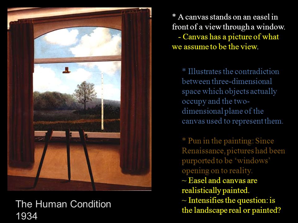 * A canvas stands on an easel in front of a view through a window.