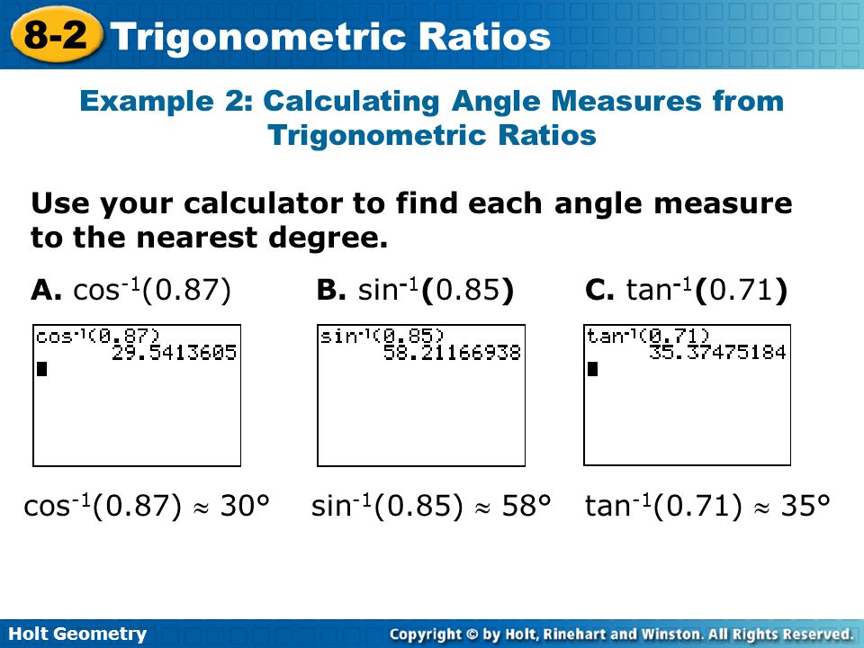 Example 2: Calculating Angle Measures from Trigonometric Ratios