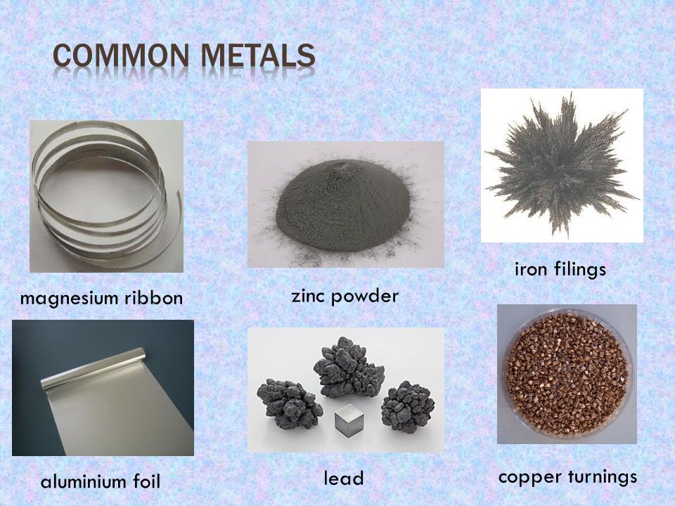 Common Metals iron filings magnesium ribbon zinc powder