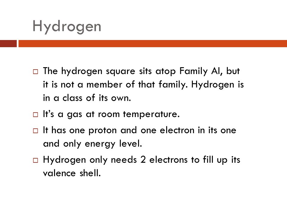 Hydrogen The hydrogen square sits atop Family AI, but it is not a member of that family. Hydrogen is in a class of its own.