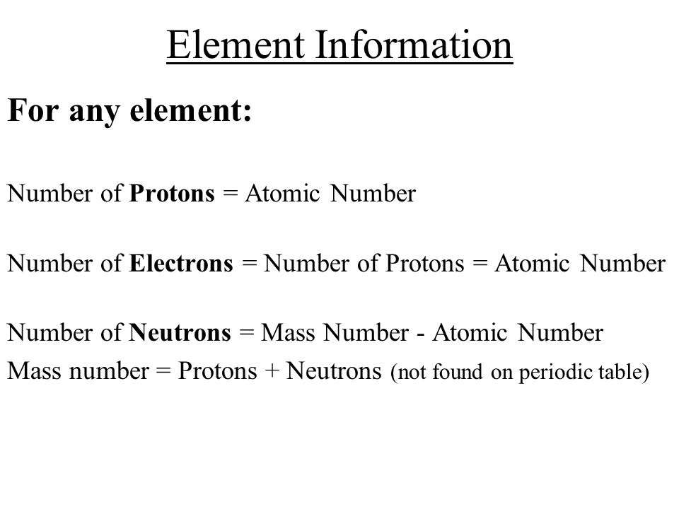 Element Information For any element: Number of Protons = Atomic Number