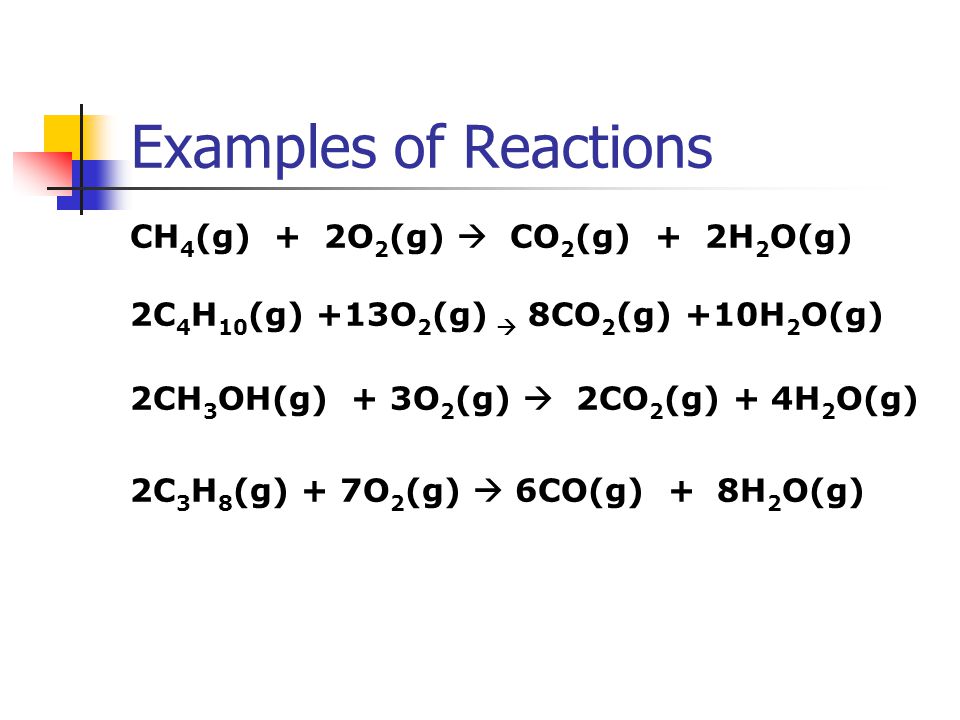Examples of Reactions CH4(g) + 2O2(g)  CO2(g) + 2H2O(g)