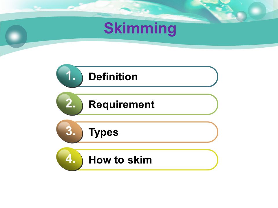 Skimming Definition 1. Requirement 2. Types 3. How to skim 4.