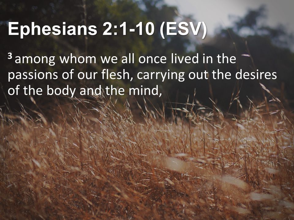 Ephesians 2:1-10 (ESV) 3 among whom we all once lived in the passions of our flesh, carrying out the desires of the body and the mind,
