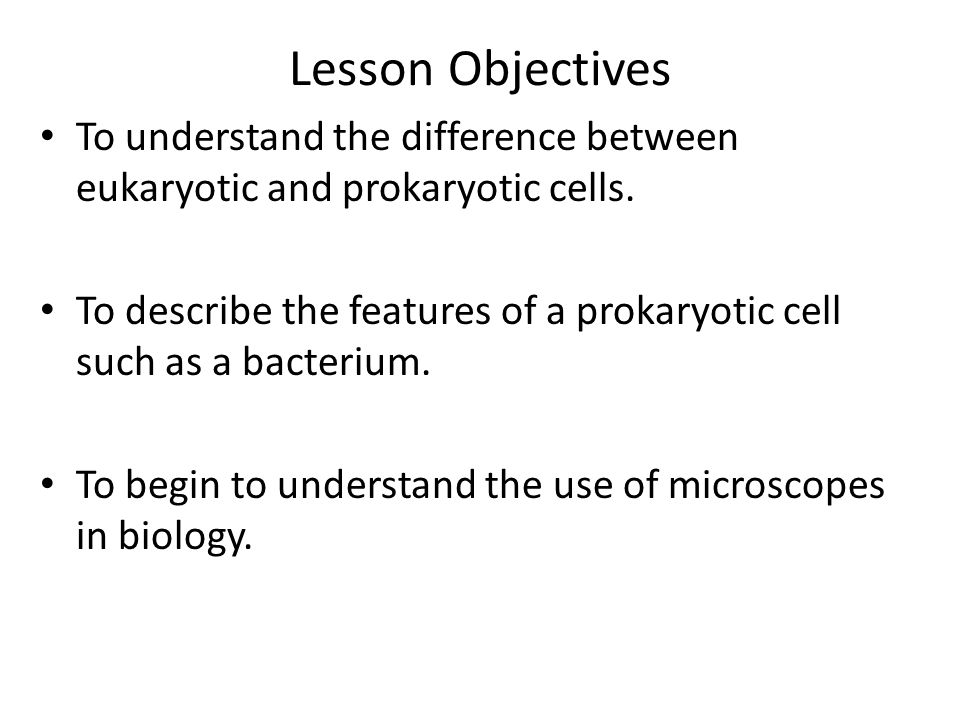 Lesson Objectives To understand the difference between eukaryotic and prokaryotic cells.