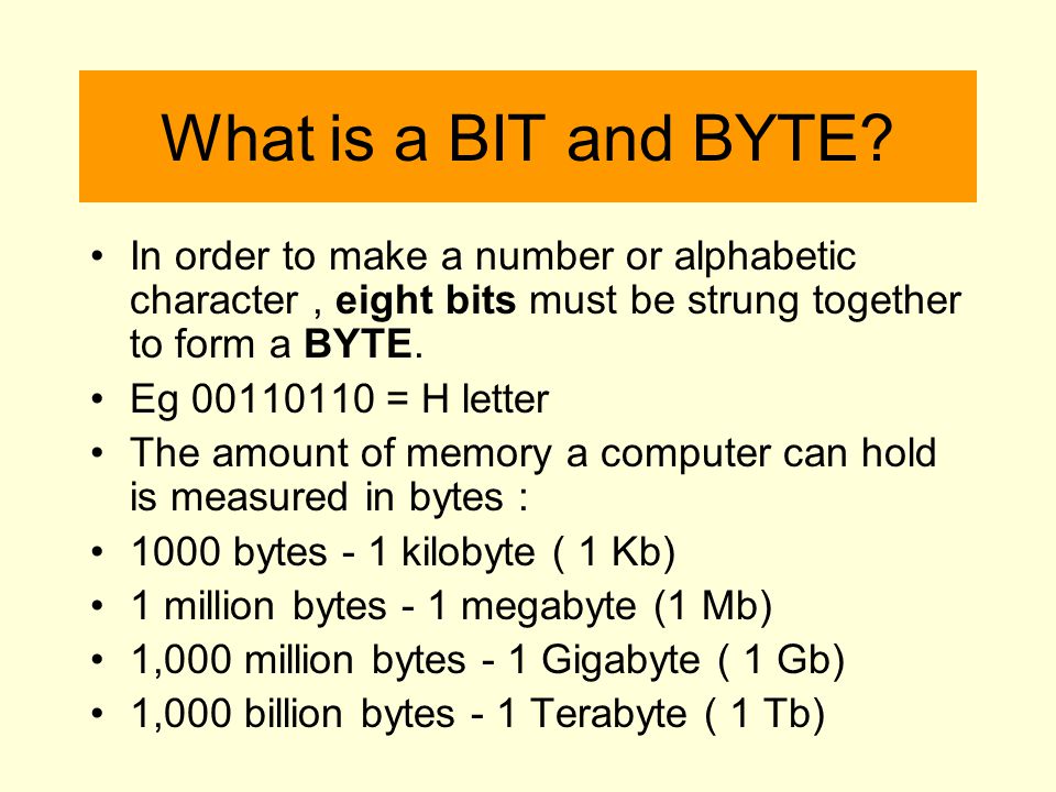 What is a BIT and BYTE In order to make a number or alphabetic character , eight bits must be strung together to form a BYTE.