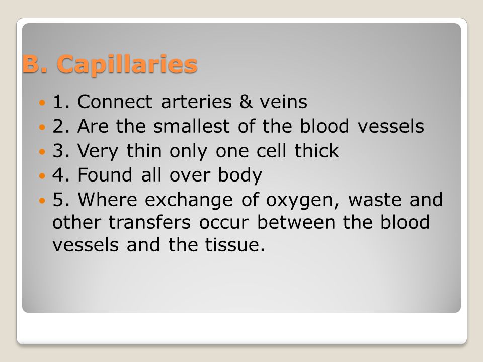 B. Capillaries 1. Connect arteries & veins