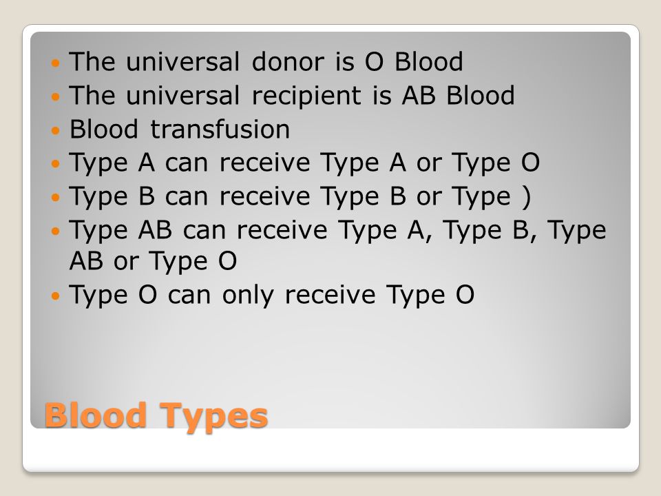 Blood Types The universal donor is O Blood