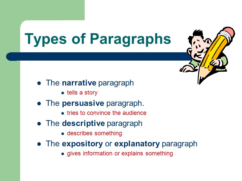 Types of Paragraphs The narrative paragraph The persuasive paragraph.