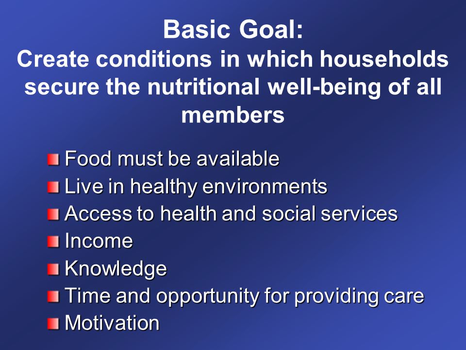 Basic Goal: Create conditions in which households secure the nutritional well-being of all members