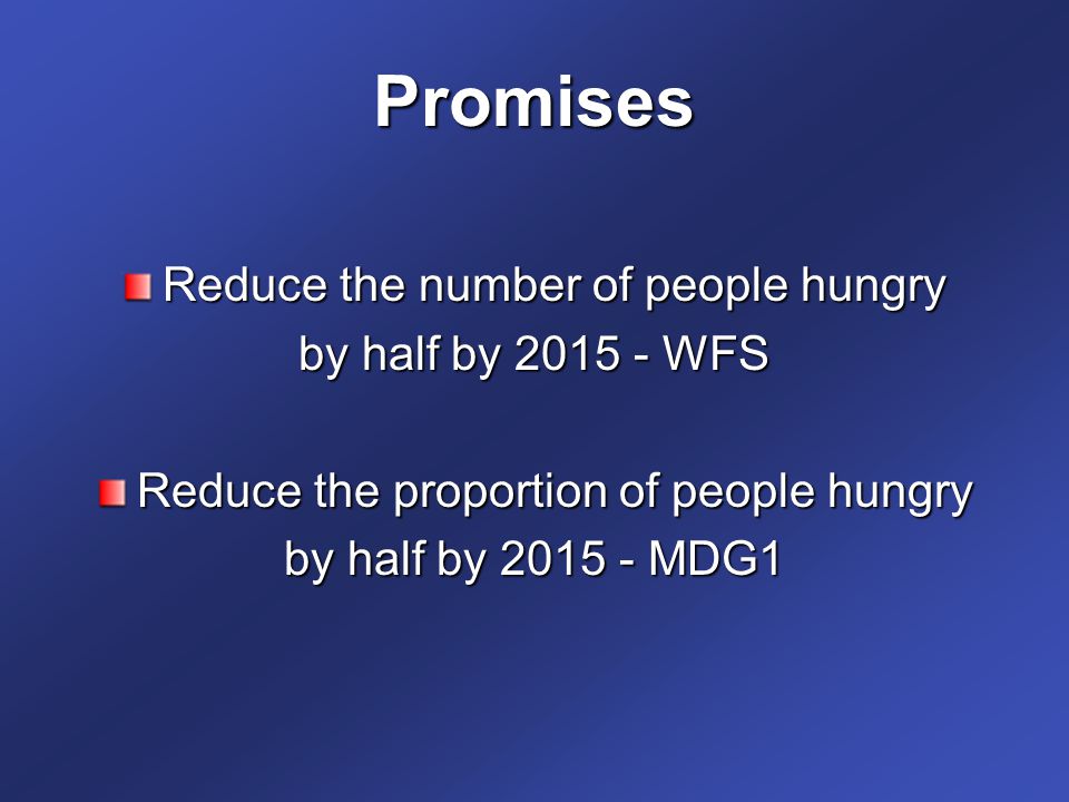 Promises Reduce the number of people hungry by half by WFS