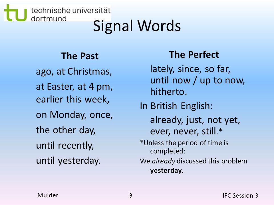 Signal Words The Past ago, at Christmas,