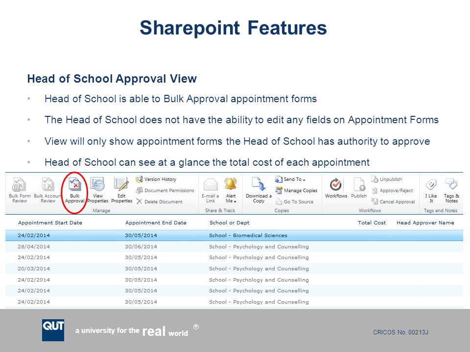 Sharepoint Features Head of School Approval View
