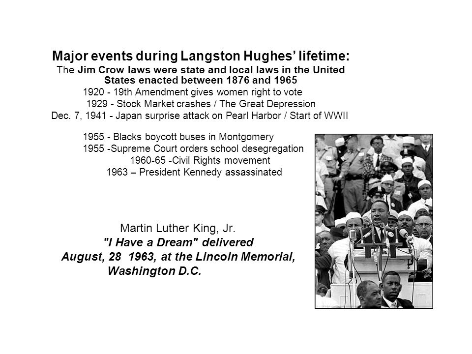 Major events during Langston Hughes’ lifetime: