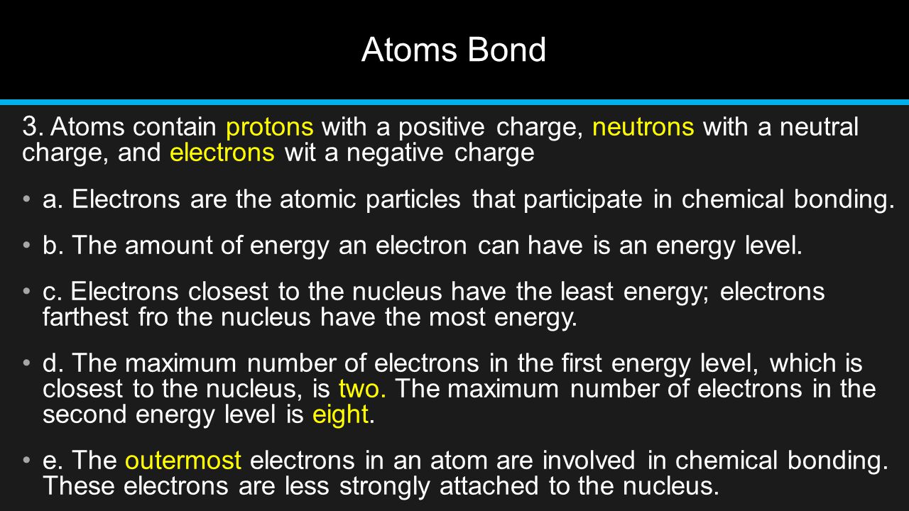 Atoms Bond 3. Atoms contain protons with a positive charge, neutrons with a neutral charge, and electrons wit a negative charge.