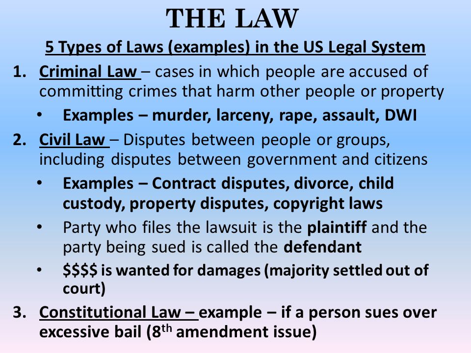 5 Types of Laws (examples) in the US Legal System