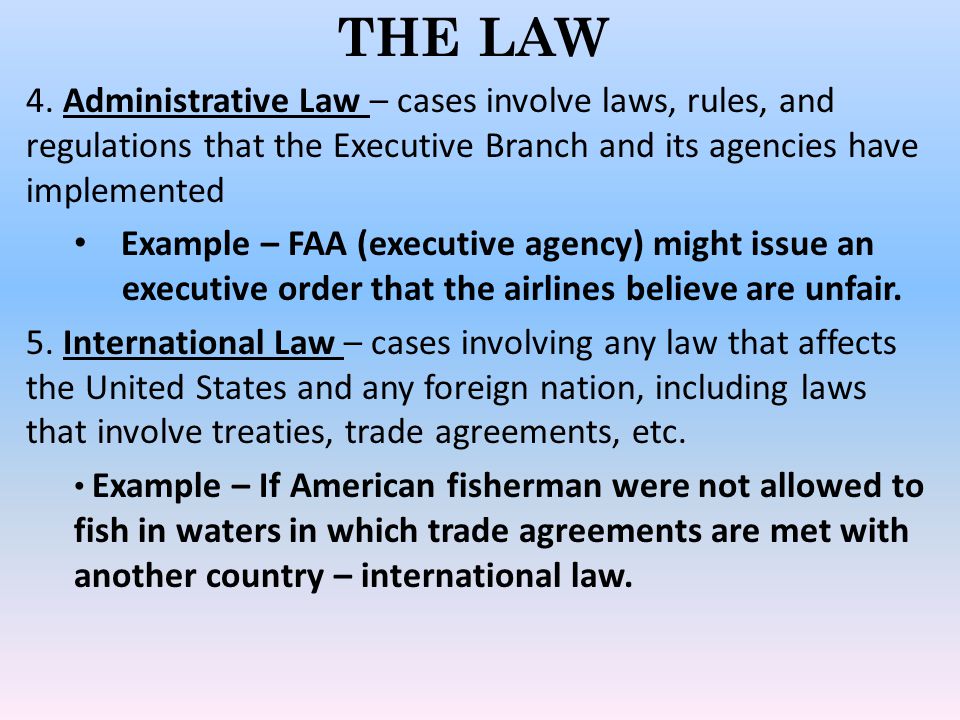 THE LAW 4. Administrative Law – cases involve laws, rules, and regulations that the Executive Branch and its agencies have implemented.