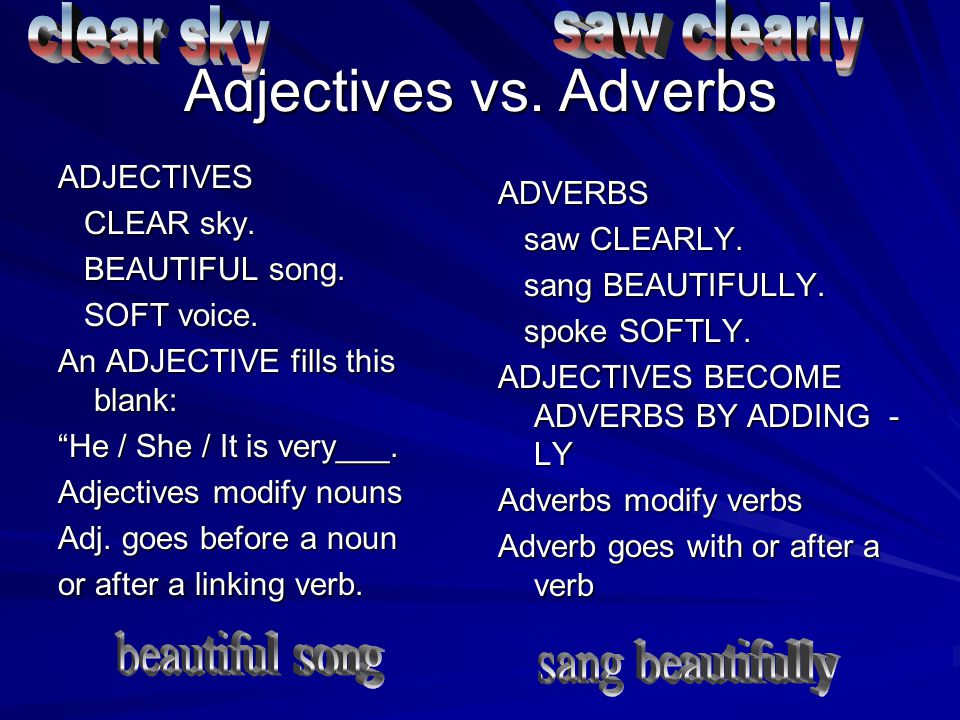 Adjectives vs. Adverbs saw clearly clear sky beautiful song