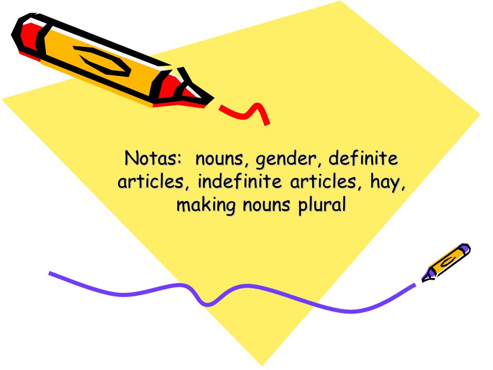 Notas: nouns, gender, definite articles, indefinite articles, hay, making nouns plural