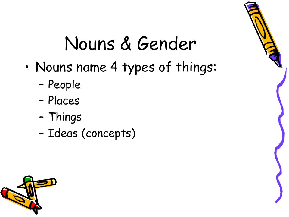 Nouns & Gender Nouns name 4 types of things: People Places Things