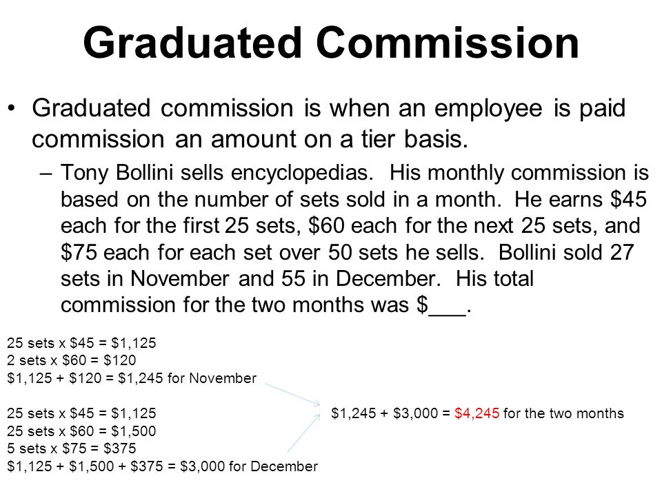 Graduated Commission Graduated commission is when an employee is paid commission an amount on a tier basis.
