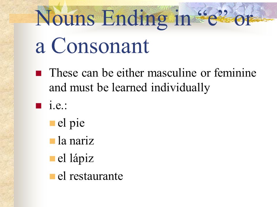 Nouns Ending in e or a Consonant