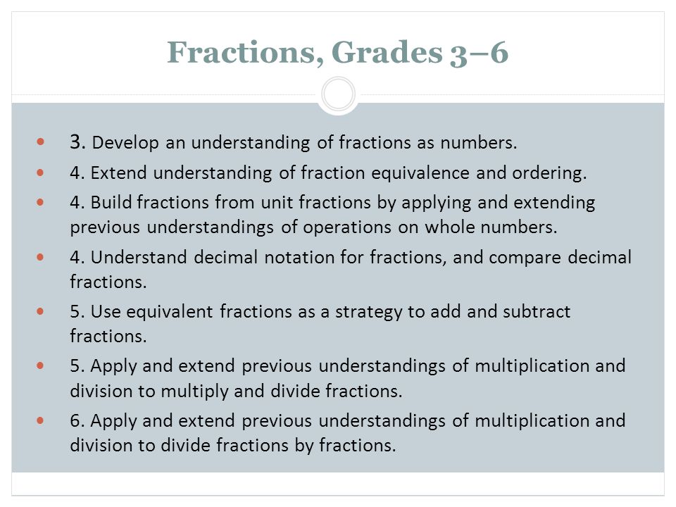 Fractions, Grades 3–6 3. Develop an understanding of fractions as numbers. 4. Extend understanding of fraction equivalence and ordering.
