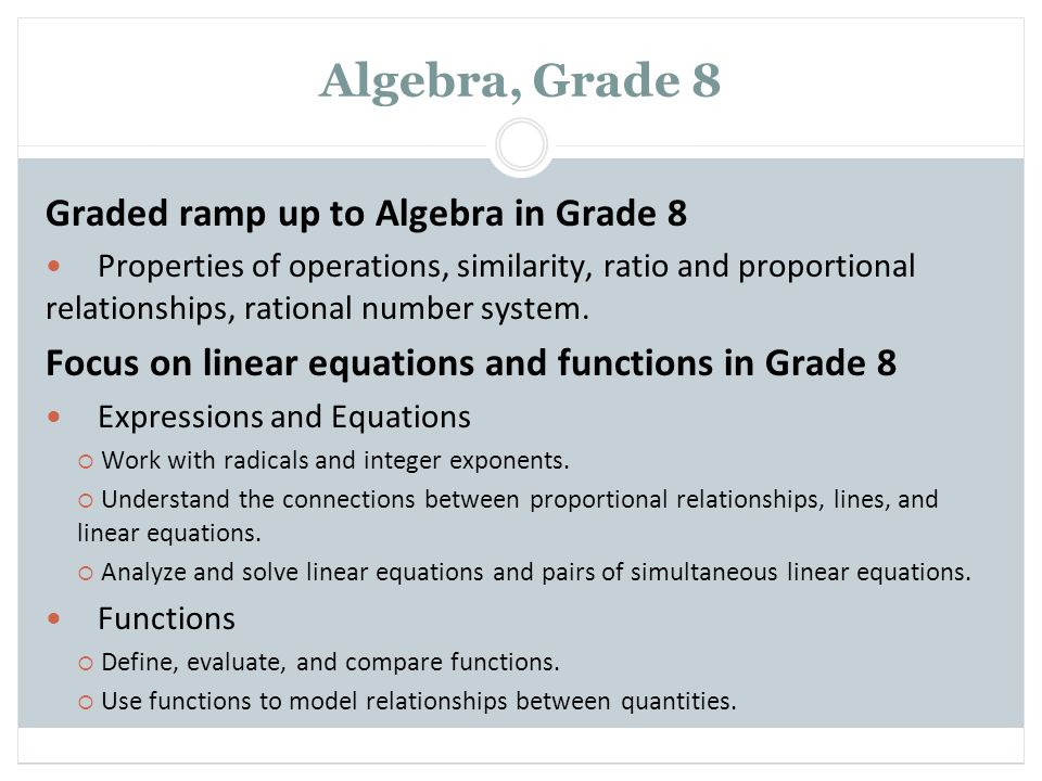 Algebra, Grade 8 Graded ramp up to Algebra in Grade 8