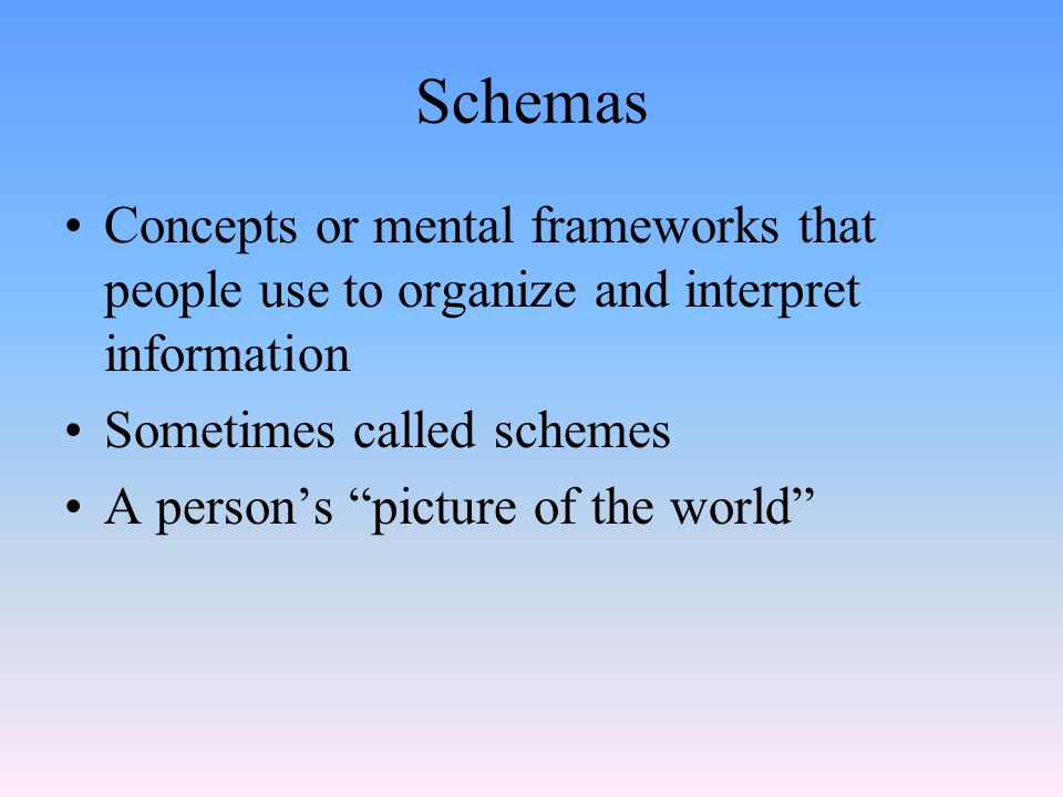 Schemas Concepts or mental frameworks that people use to organize and interpret information. Sometimes called schemes.