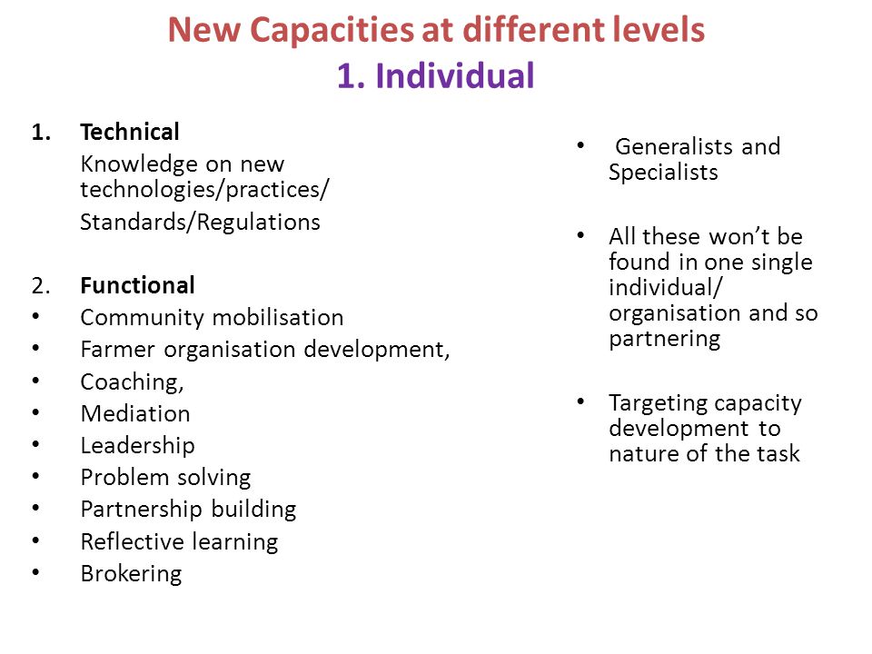 New Capacities at different levels 1. Individual