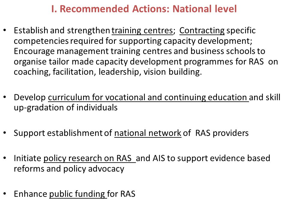 I. Recommended Actions: National level