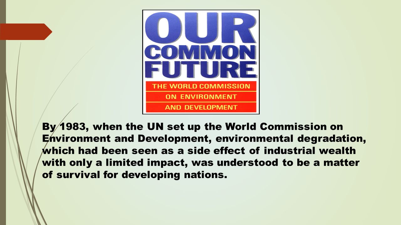 By 1983, when the UN set up the World Commission on Environment and Development, environmental degradation, which had been seen as a side effect of industrial wealth with only a limited impact, was understood to be a matter of survival for developing nations.
