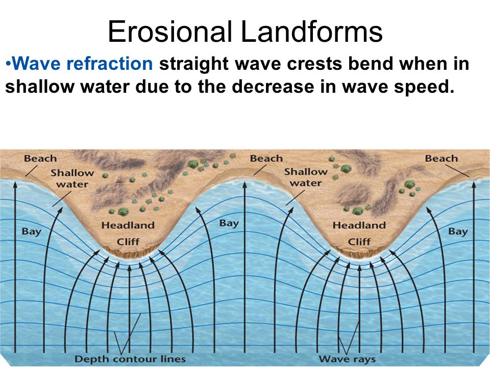 Erosional Landforms Wave refraction straight wave crests bend when in shallow water due to the decrease in wave speed.