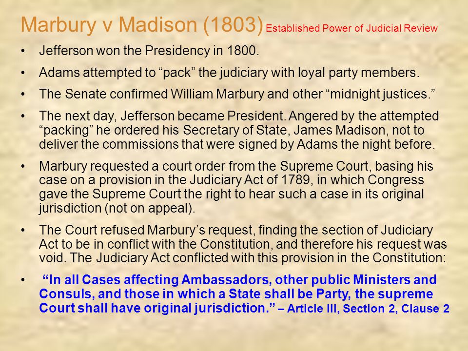 Marbury v Madison (1803) Established Power of Judicial Review