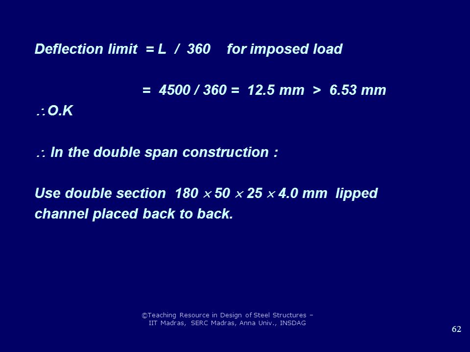 Deflection limit = L / 360 for imposed load
