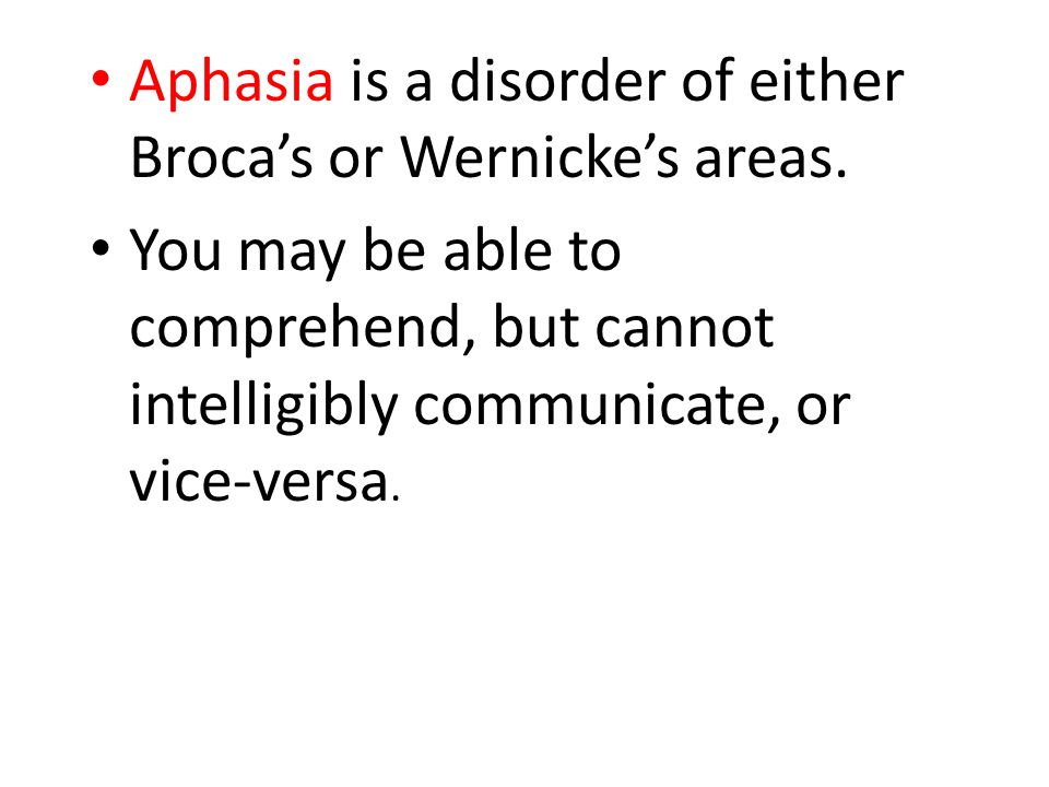Aphasia is a disorder of either Broca’s or Wernicke’s areas.