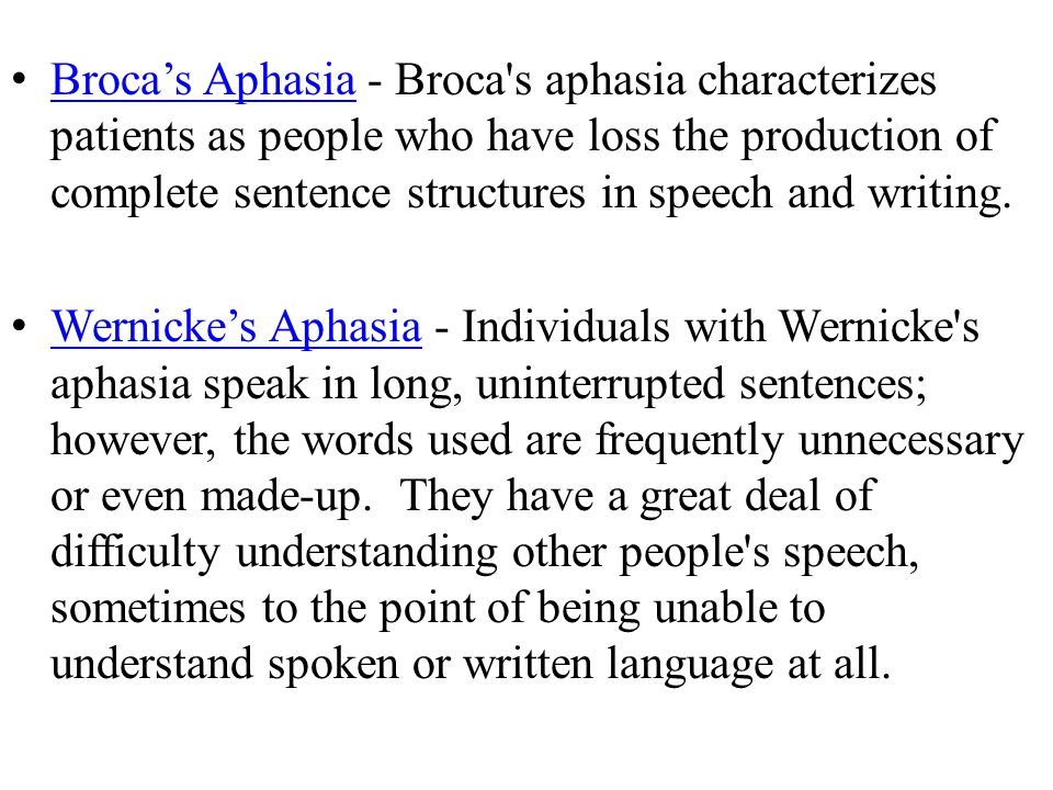 Broca’s Aphasia - Broca s aphasia characterizes patients as people who have loss the production of complete sentence structures in speech and writing.