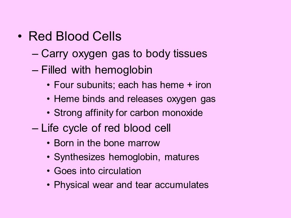 Red Blood Cells Carry oxygen gas to body tissues