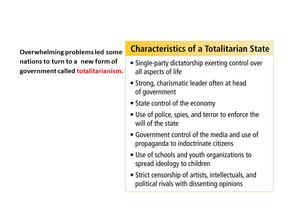 Overwhelming problems led some nations to turn to a new form of government called totalitarianism.