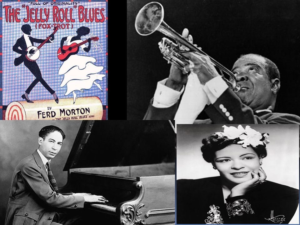 Left: Jelly Roll Morton, top right: Louis Armstrong, bottom right: Billie Holiday