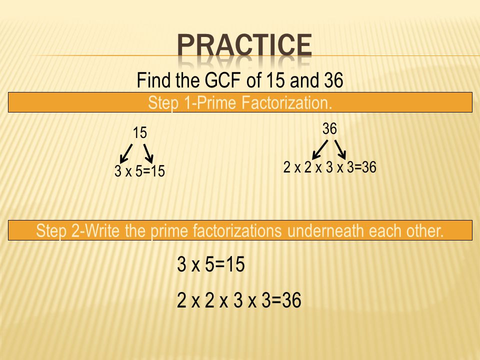 Practice Find the GCF of 15 and 36 3 x 5=15 2 x 2 x 3 x 3=36