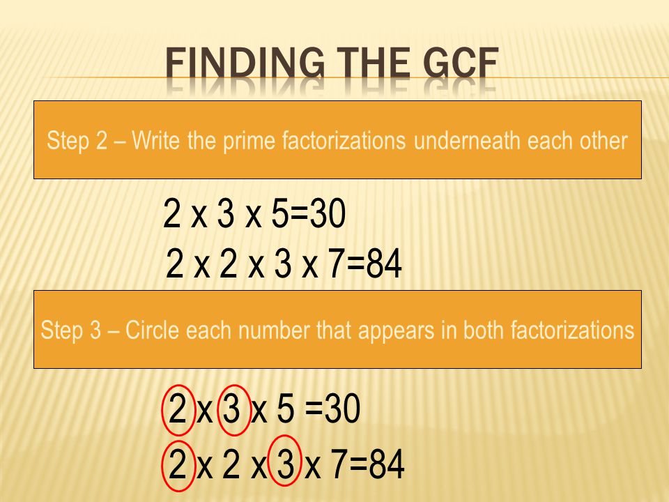 Finding the gcf 2 x 3 x 5=30 2 x 2 x 3 x 7=84 2 x 3 x 5 =30