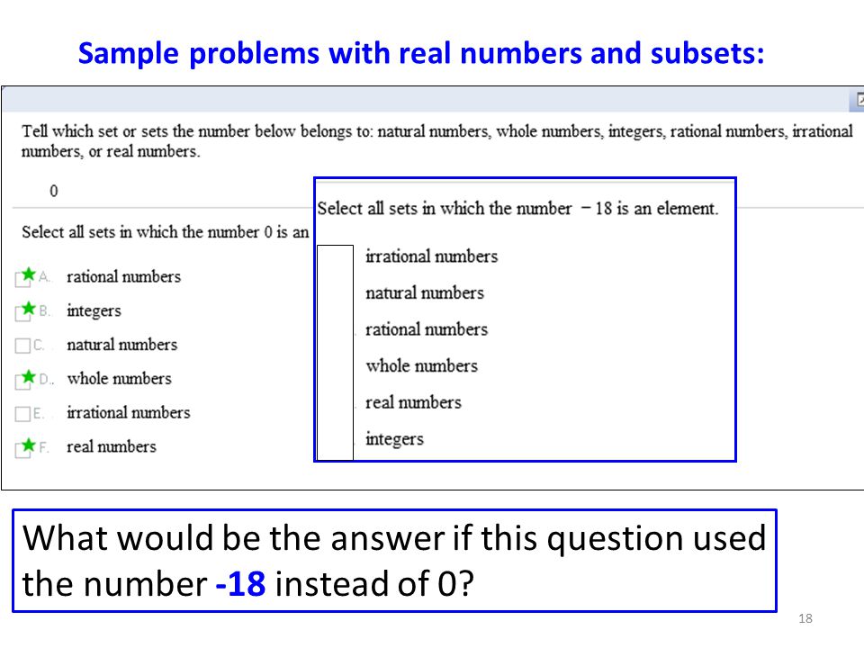Sample problems with real numbers and subsets: