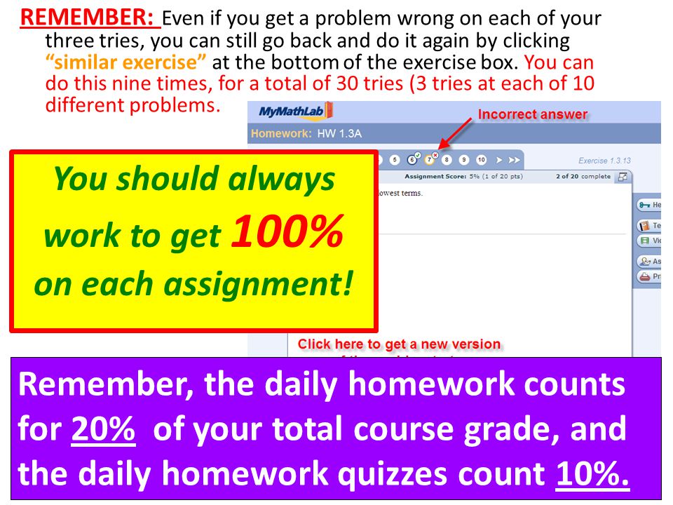 You should always work to get 100% on each assignment!