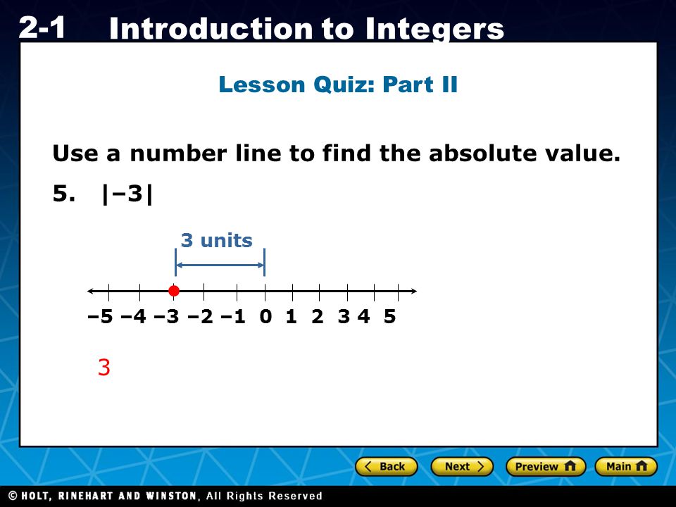 Use a number line to find the absolute value. 5. |–3|