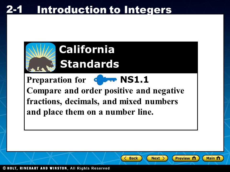 Preparation for NS1.1 Compare and order positive and negative fractions, decimals, and mixed numbers and place them on a number line.